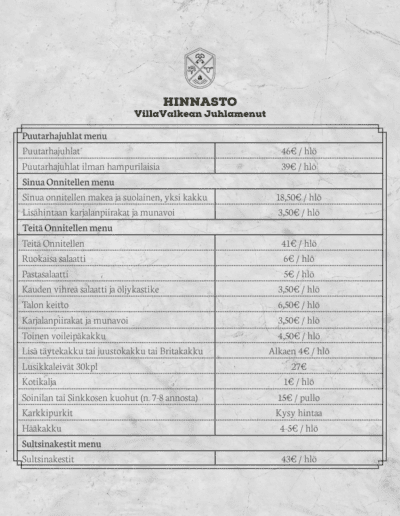 villavalkea menu hinnasto