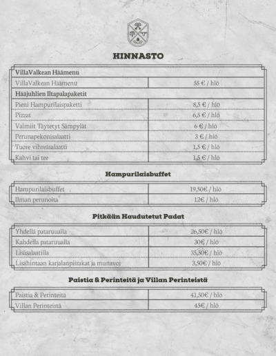 villavalkea menu hinnasto