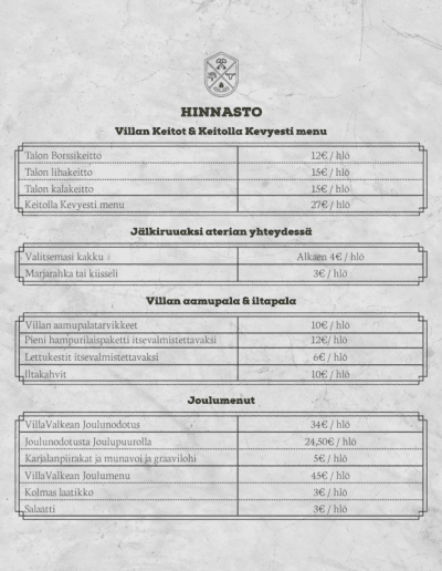 villavalkea menu hinnasto