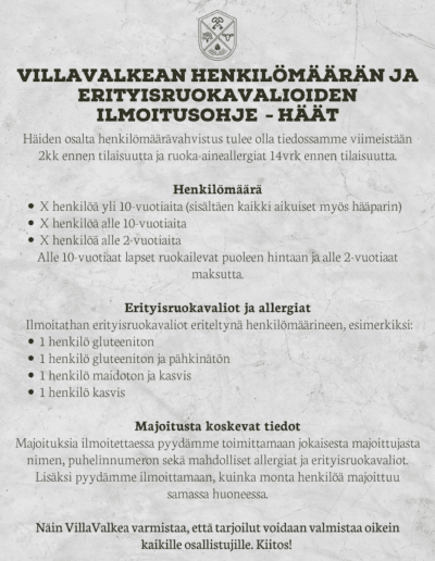 Henkilömäärän ja erityisruokavalioiden ilmoitusohje VillaValkea Häät