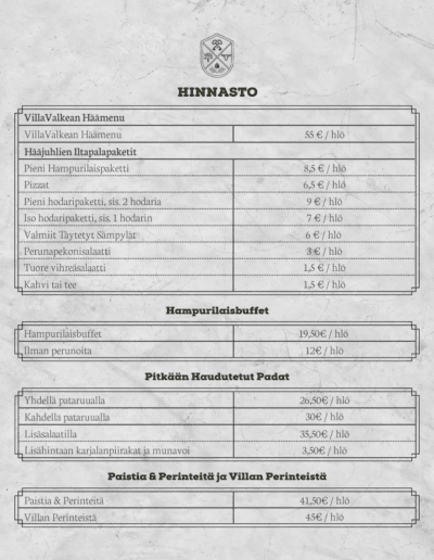 VillaValkean menu hinnasto 2